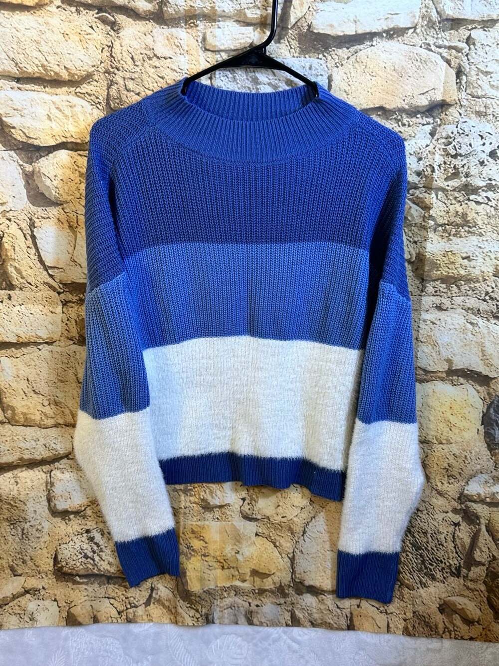 SHEIN Colorblock Crop Sweater Size M Blue White Long Sleeve Mock Neck